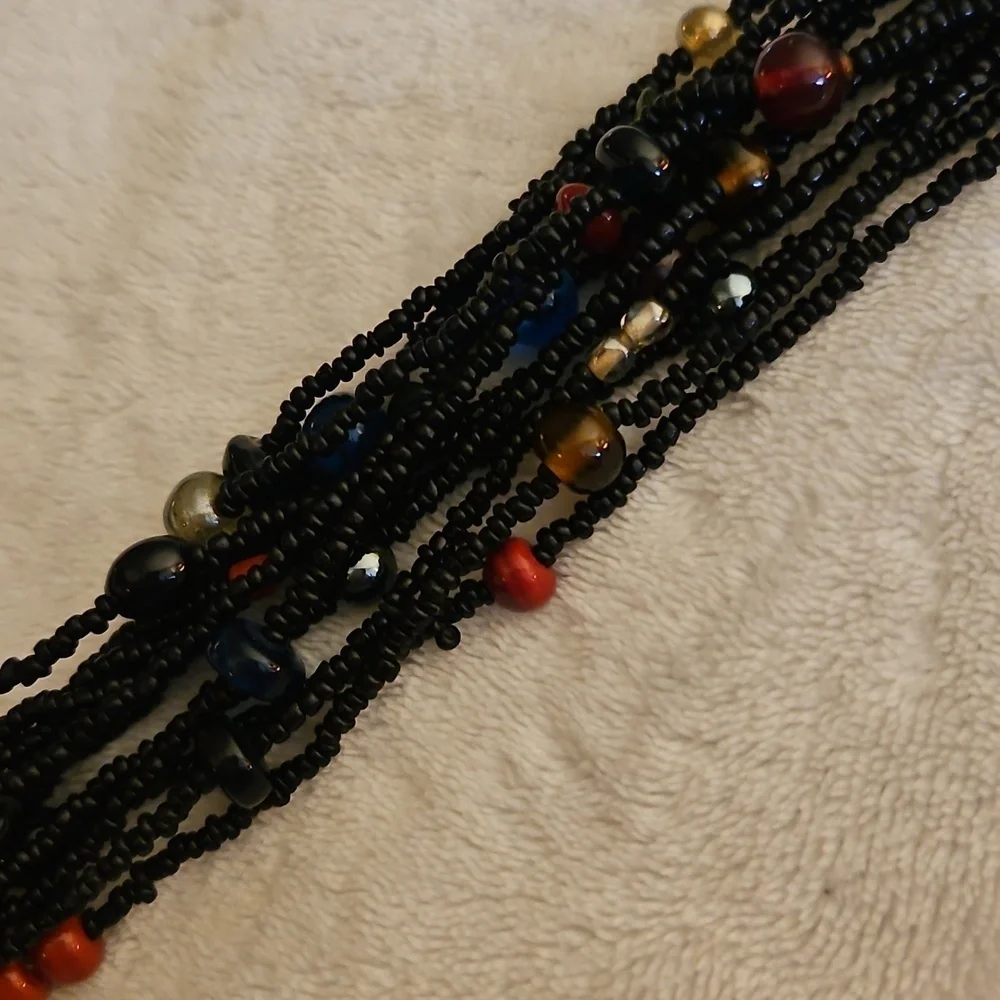 Vintage Indian Black and Multicolor Rainbow Glass Beaded Multi-strand Necklace